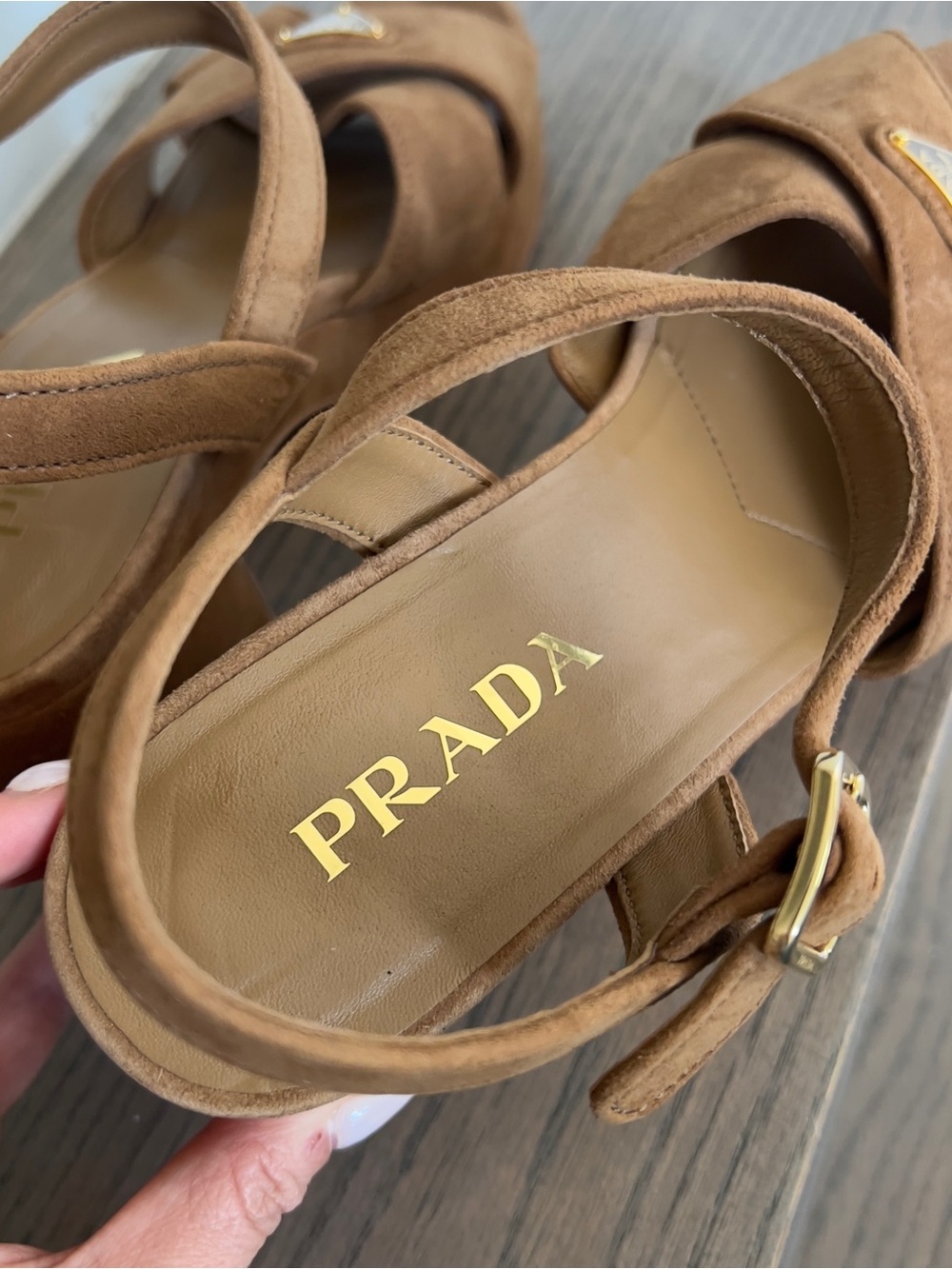 Prada Triangle Suede Platform Sandals in Camel Brown NWOB - Picture 8 of 12